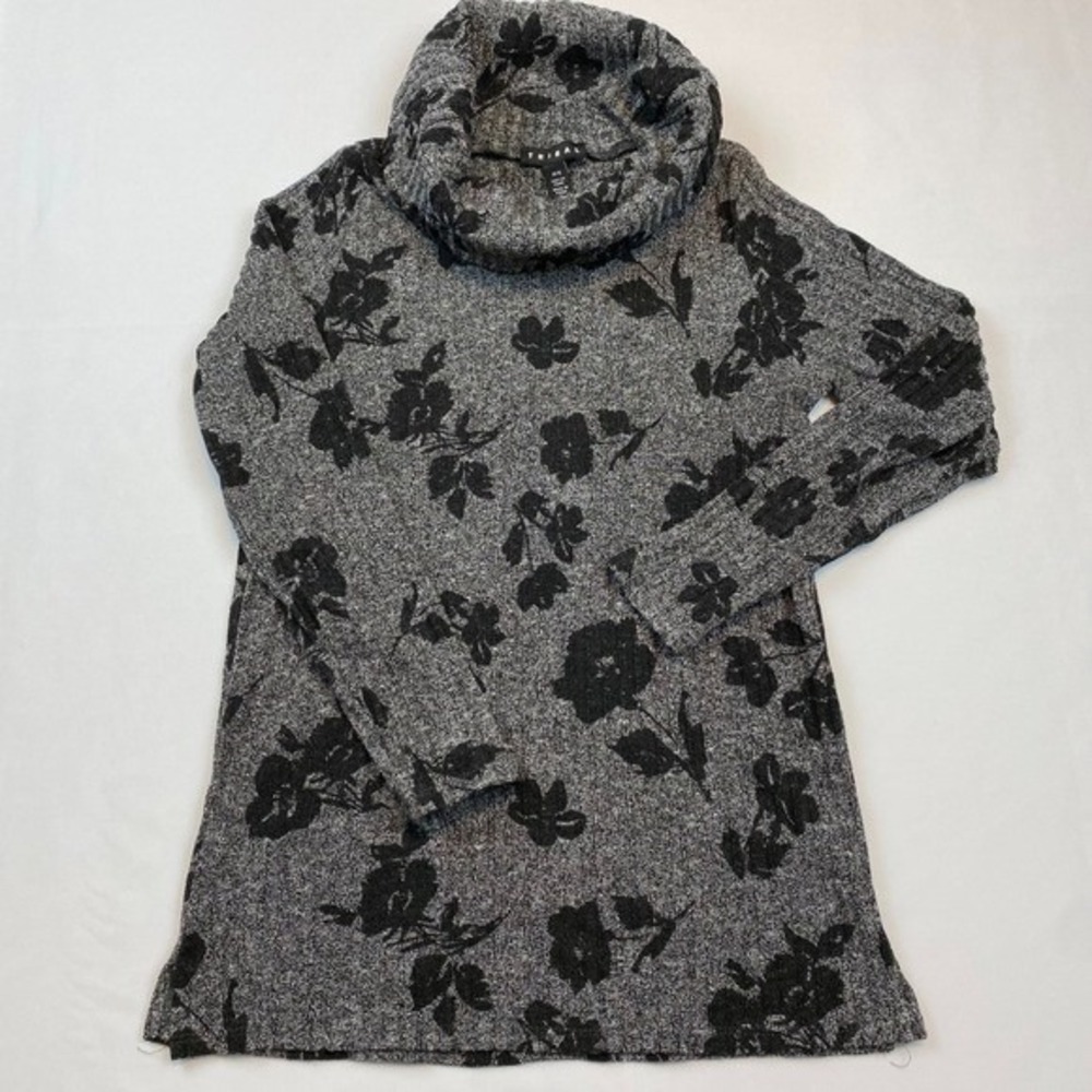 Tribal Cowl Neck Tunic Womens P/S Grey‎ Black Floral Ribbed Knit Dark Academia